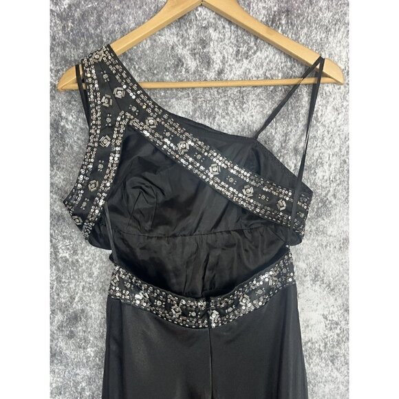 Mxi Dress Women 7 / 8 Black Beaded Asymmetrical Satin Gatsby Formal Regency Lux - Picture 7 of 12